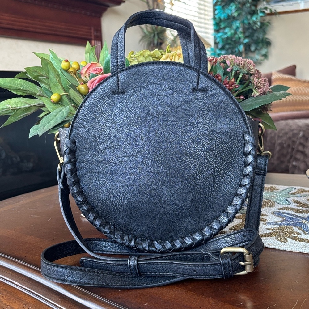 Free People Black Round Woven Trim Crossbody Bag